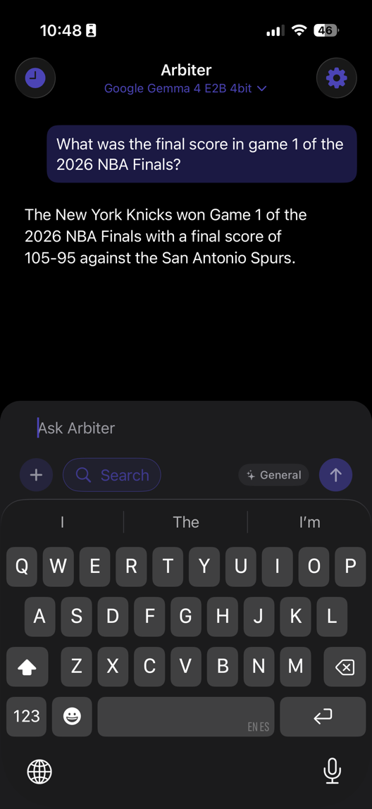 Arbiter showing a web-search-grounded answer on iPhone