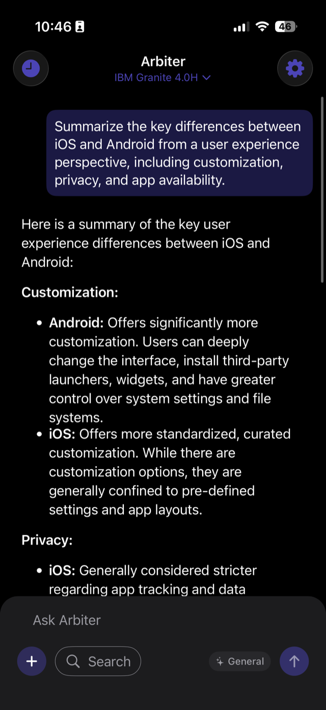 A private local AI conversation in Arbiter on iPhone
